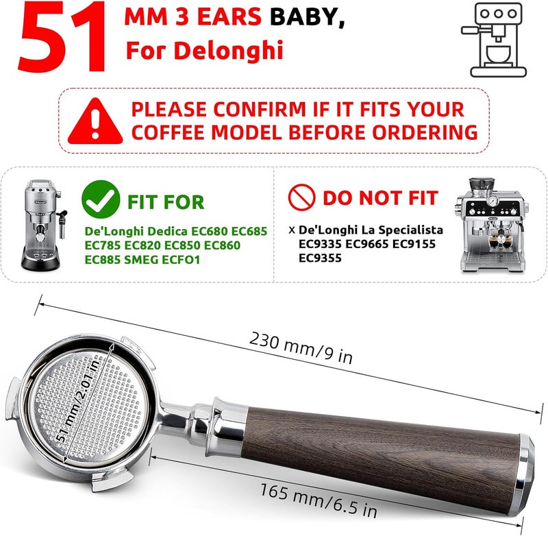 YMWVH 51mm Bottomless Portafilter 3 Ears, Professional Espresso Portafilter 51mm for De-longhi EC680, EC685 & EC885 Espresso Machine, Stainless Steel Basket and Walnut Handle - Image 3